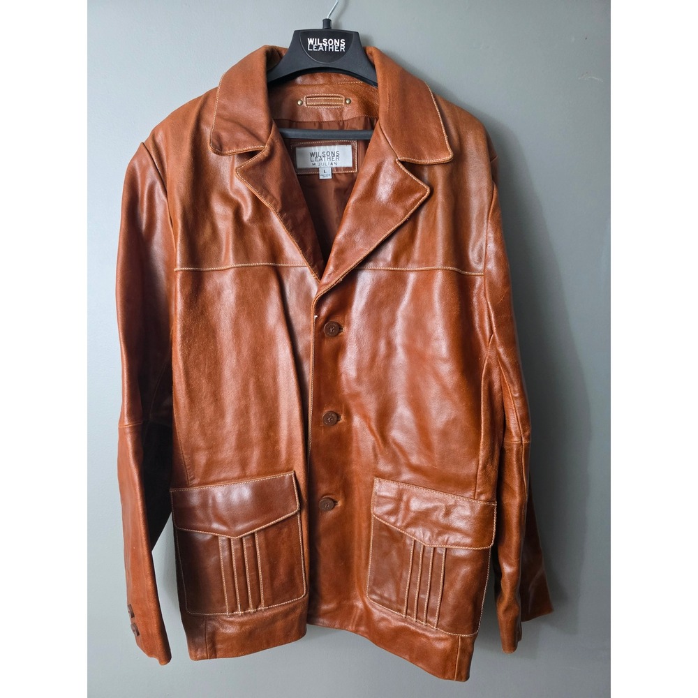 Wilsons Leather M. Julian Mens Brown Leather Safari Car Coat Jacket Large 03235